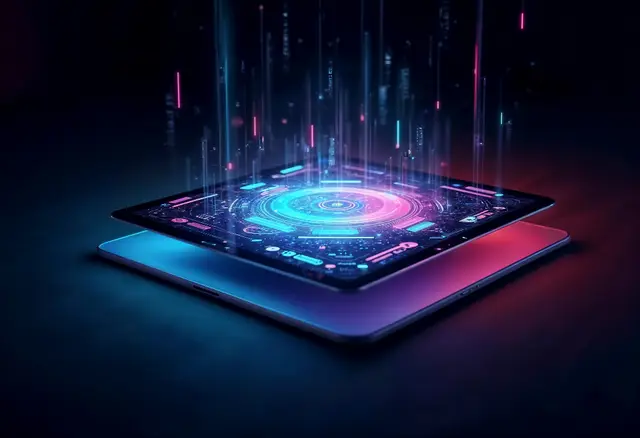 Tableta futurista con anillos de luz de neón y columnas de datos sobre un fondo oscuro, imagen de la tecnología cuyos beneficios Altman quiere repartir