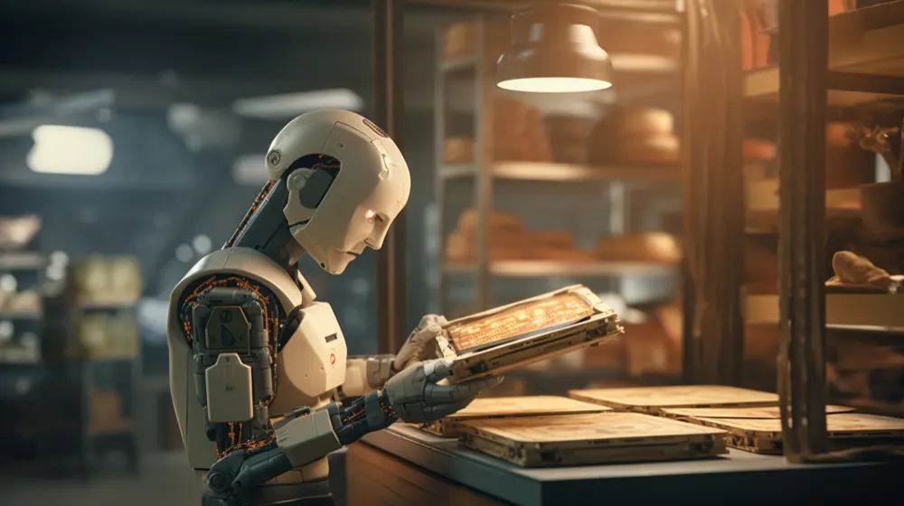 Robot humanoide de líneas blancas que examina una bandeja de madera en un taller de luz cálida, imagen de robots que trabajan en entornos reales