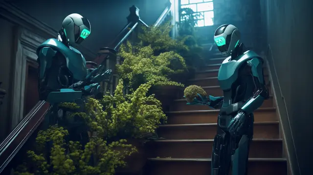 Dos robots humanoides de visor verde sobre una escalera de madera rodeada de plantas, imagen de máquinas que llegan a espacios cotidianos