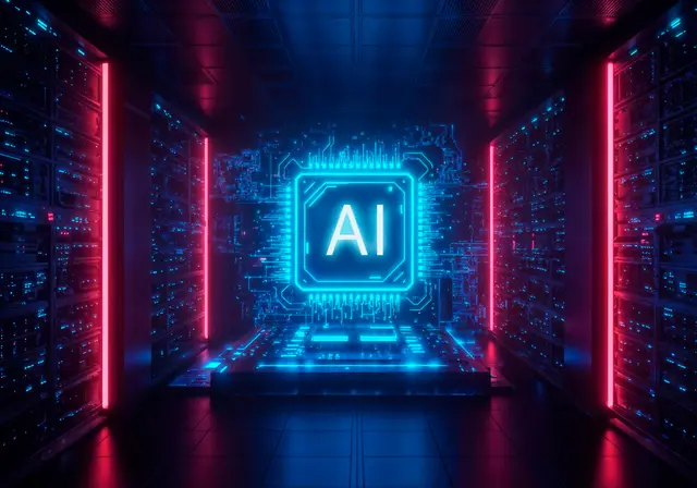 Chip luminoso con las letras AI en el centro de un pasillo de servidores iluminado en azul y rojo, símbolo de la infraestructura de la inteligencia artificial