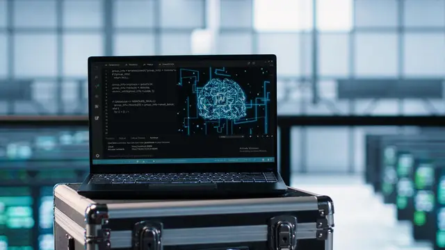 Laptop sobre un maletín metálico que muestra un cerebro de circuitos azules, con hileras de servidores al fondo, imagen de la inteligencia artificial