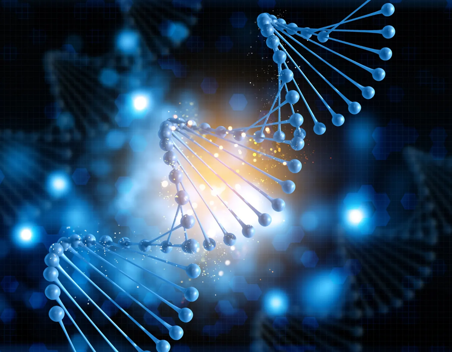 Doble hélice de ADN azul con un núcleo de luz dorada sobre un fondo oscuro, imagen de la biología que Kurzweil espera reprogramar con IA