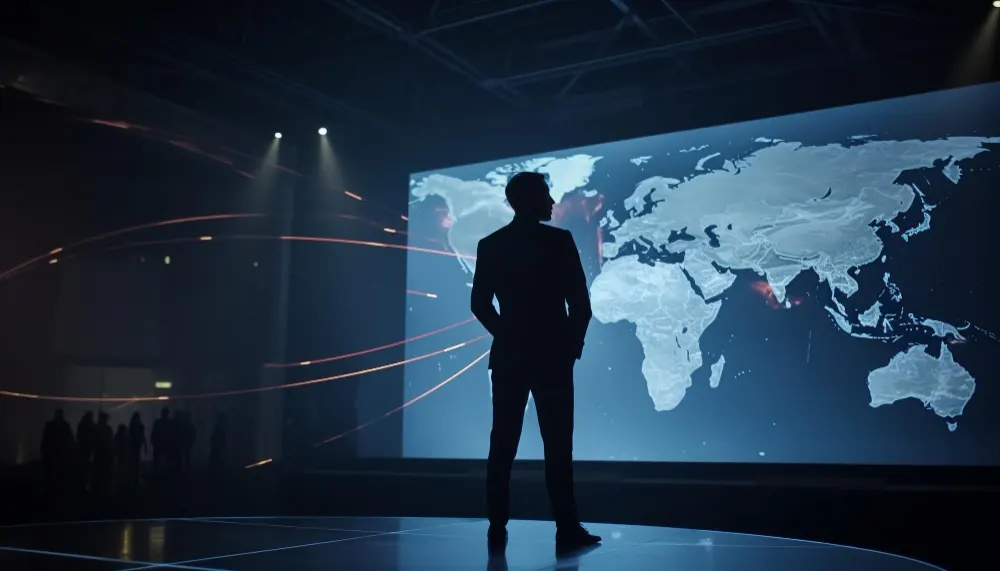 Silueta de un hombre de traje frente a una pantalla gigante con un mapa del mundo, imagen del pulso geopolítico por el control de la tecnología