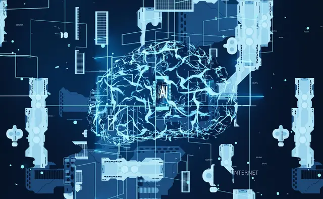 Cerebro de líneas luminosas azules sobre un fondo de circuitos, imagen de la tecnología digital cuyo poder cuestiona el discurso de Mattarella