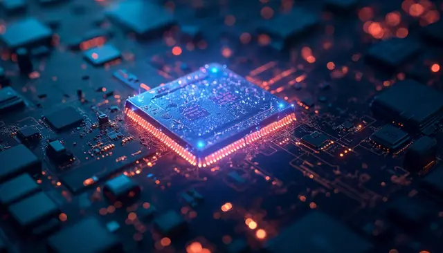 Chip luminoso con bordes rojos y azules sobre una placa de circuitos oscura