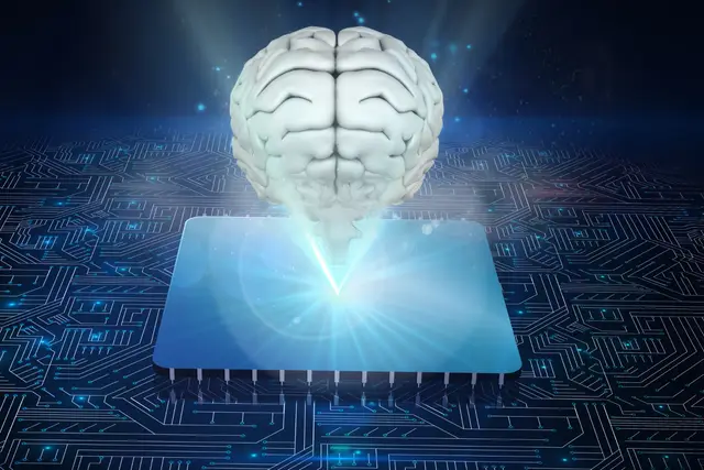 Cerebro blanco que flota sobre un chip luminoso, con circuitos azules debajo, para ilustrar la visión de Altman de una IA que escala con la infraestructura