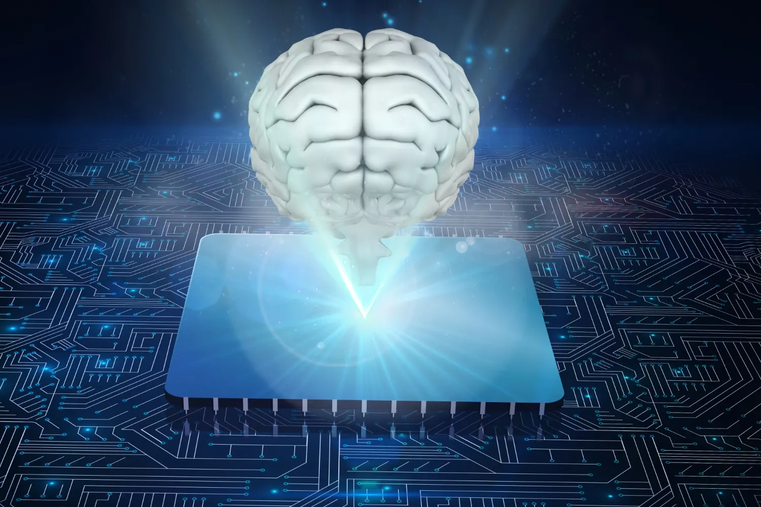 Cerebro blanco que flota sobre un chip luminoso, con circuitos azules debajo, para ilustrar la visión de Altman de una IA que escala con la infraestructura