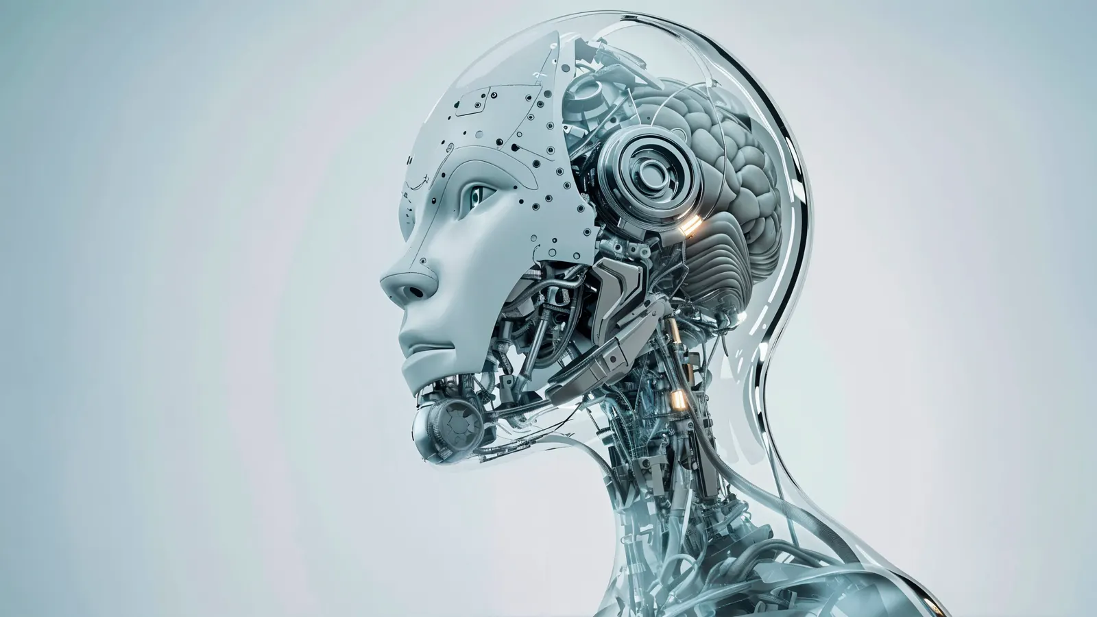 Cabeza de robot humanoide plateado con un cerebro visible, sobre fondo claro