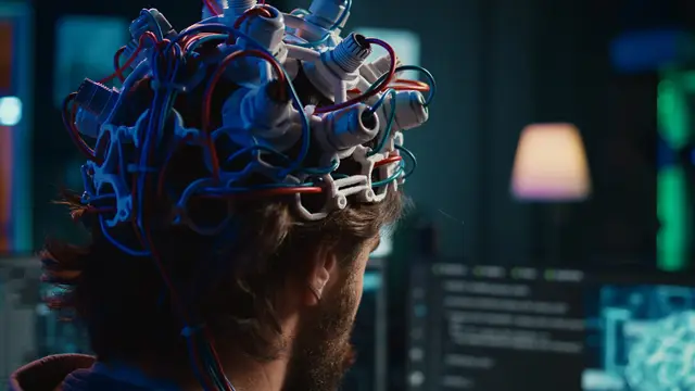 Persona con una malla de cables azules y rojos sobre la cabeza, vista de espaldas, en un laboratorio