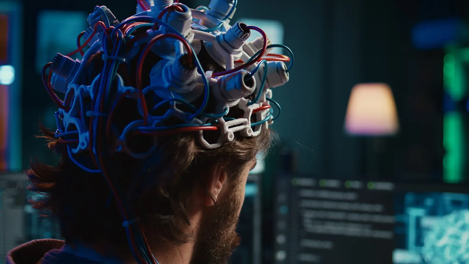 Persona con una malla de cables azules y rojos sobre la cabeza, vista de espaldas, en un laboratorio