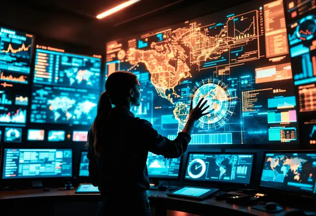 Mujer frente a una pared de pantallas con un mapa mundial y paneles de datos en una sala de control