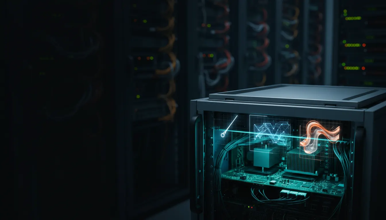 Servidor abierto en un centro de datos oscuro, con circuitos y cables luminosos en azul y naranja