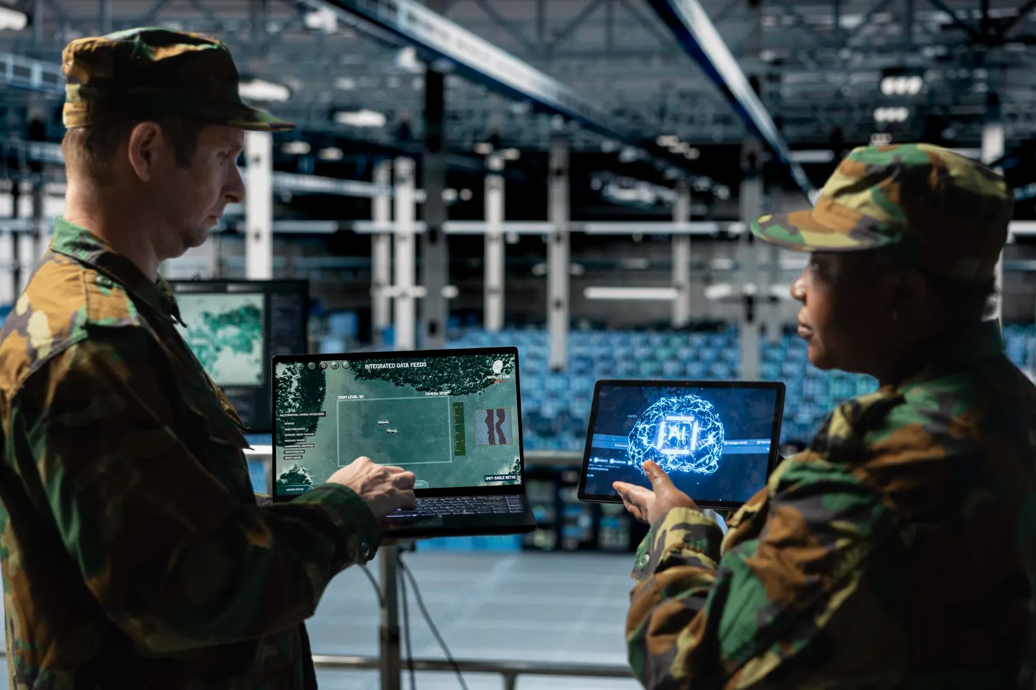 Dos militares con uniforme de camuflaje consultan mapas y una pantalla con un cerebro digital en sus portátiles, dentro de un gran hangar
