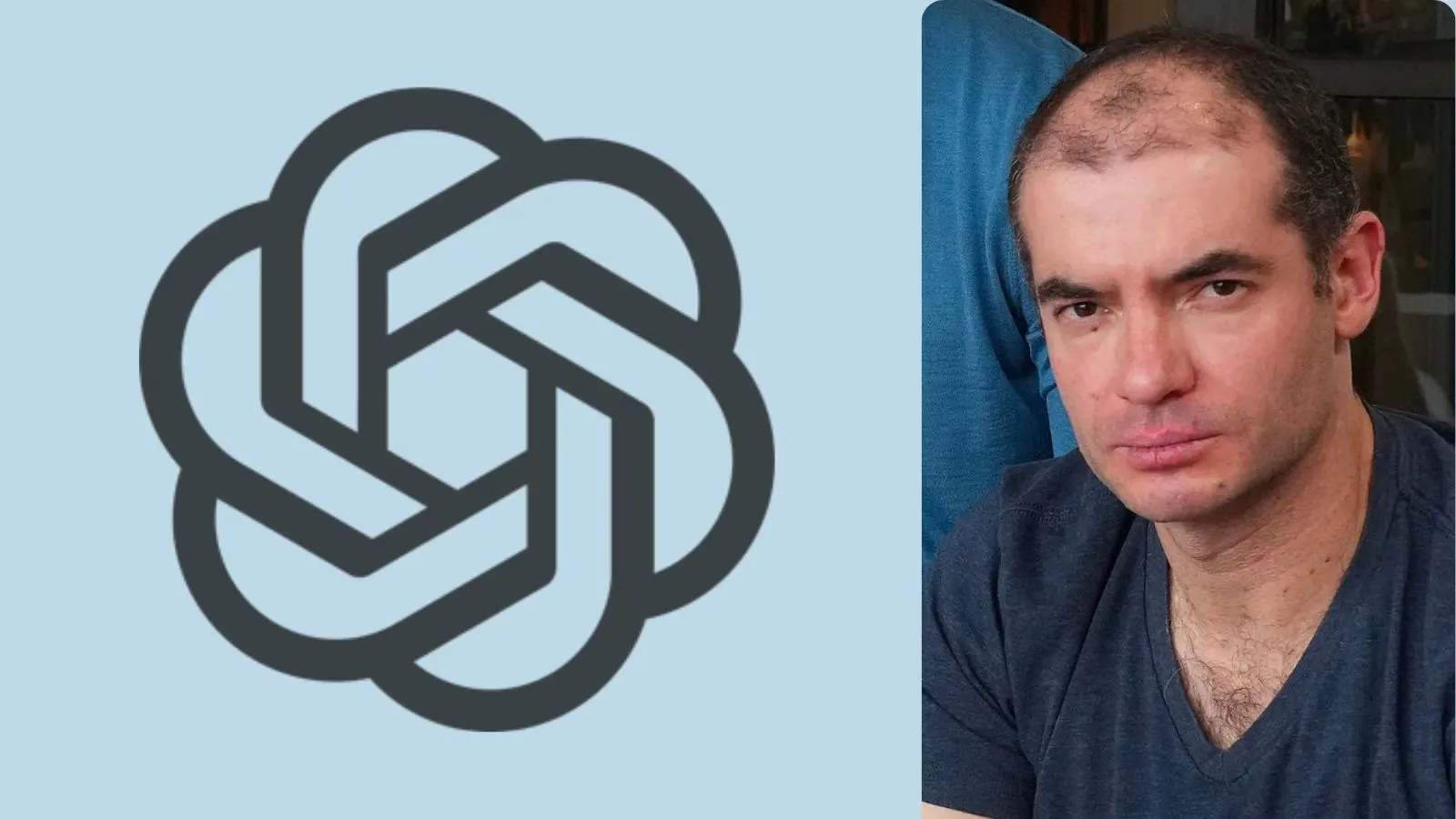 Logotipo de OpenAI junto al retrato de un hombre de cabello corto y camiseta azul, sobre un fondo celeste
