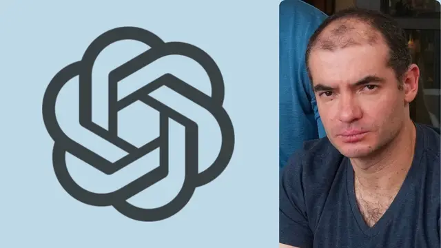 Logotipo de OpenAI junto al retrato de un hombre de cabello corto y camiseta azul, sobre un fondo celeste