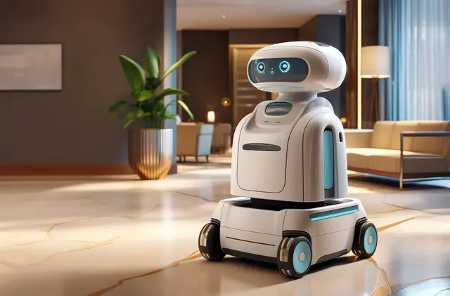 Robot doméstico blanco con ojos luminosos sobre ruedas, de pie en un salón amplio con una planta y sillones al fondo