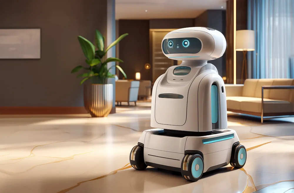 Robot doméstico blanco con ojos luminosos sobre ruedas, de pie en un salón amplio con una planta y sillones al fondo