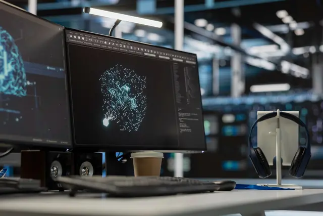Escritorio con dos monitores que muestran un cerebro digital y una nube de puntos luminosos, con auriculares y una taza junto al teclado