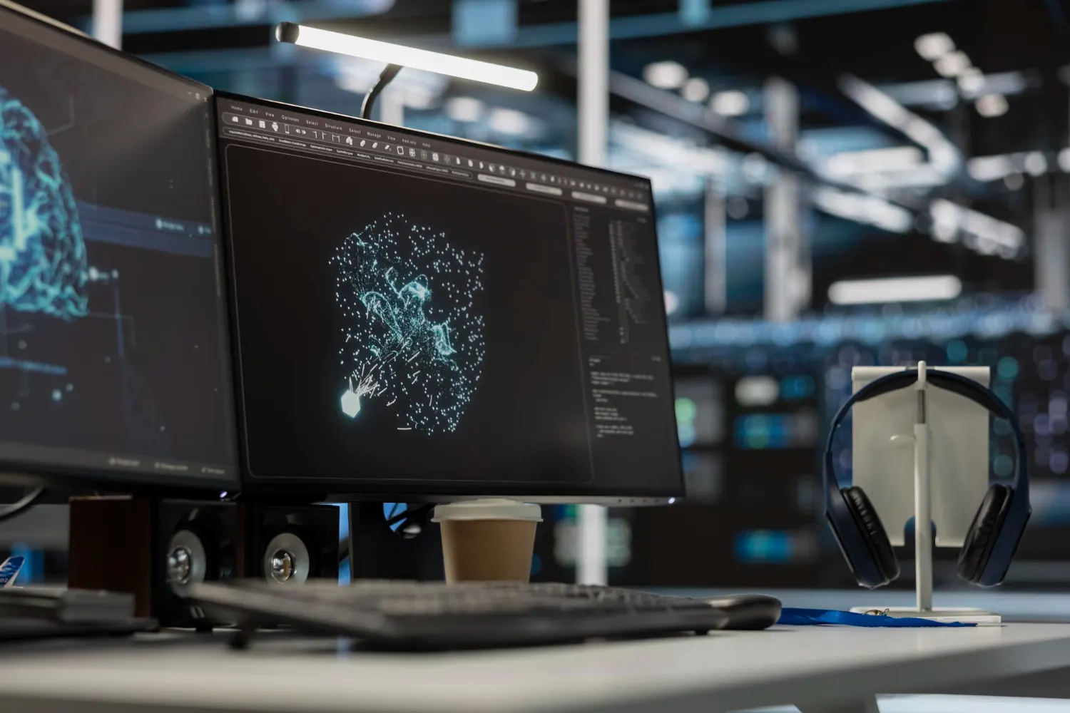 Escritorio con dos monitores que muestran un cerebro digital y una nube de puntos luminosos, con auriculares y una taza junto al teclado