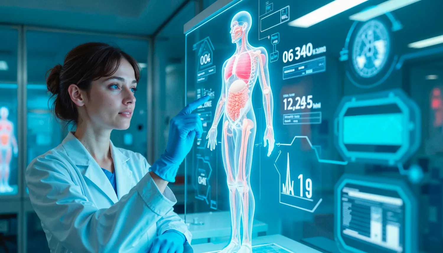Científica con bata blanca y guantes azules que toca una pantalla holográfica con un cuerpo humano translúcido y datos médicos