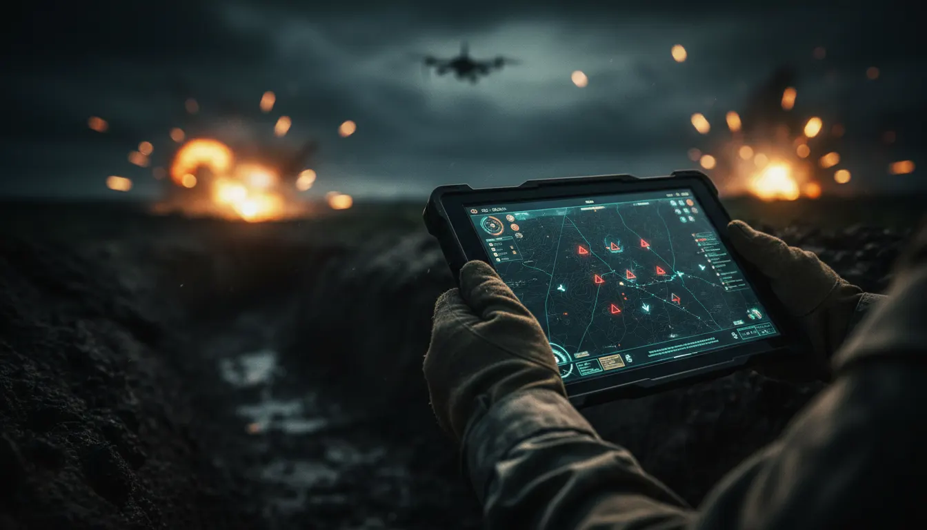 Soldado con guantes que sostiene una tableta con un mapa táctico, mientras un dron sobrevuela explosiones en un campo de batalla nocturno