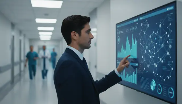 Hombre de traje que toca una pantalla con gráficos y una red de nodos en un pasillo de hospital, con personal sanitario al fondo