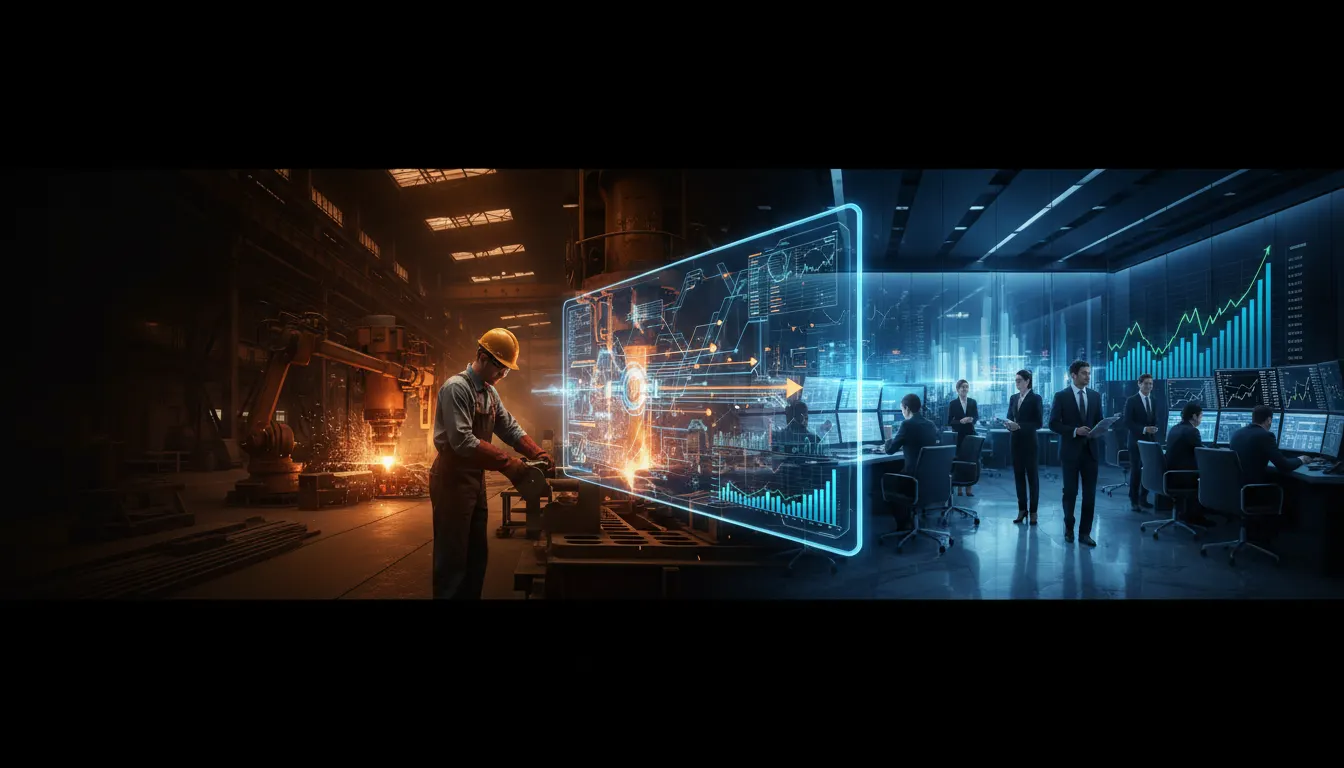 Escena dividida entre un operario con casco ante una máquina industrial y oficinistas ante pantallas bursátiles, unidas por un panel holográfico