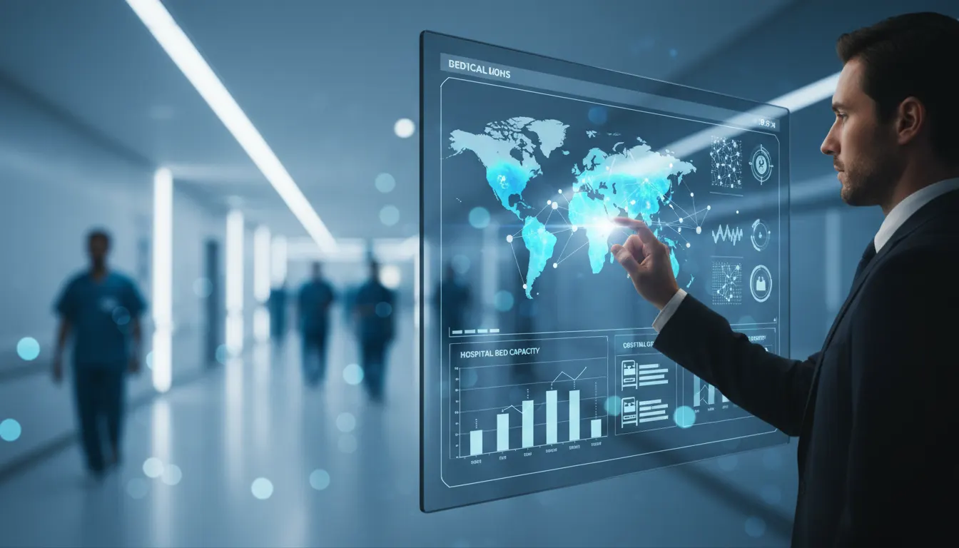 Hombre de traje que señala un mapa mundial holográfico con indicadores hospitalarios en un pasillo de hospital
