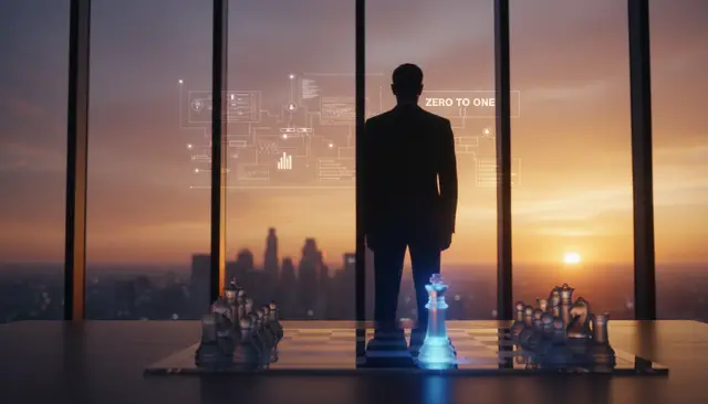 Silueta de un hombre de traje ante un ventanal al atardecer, con un tablero de ajedrez de piezas de cristal y el texto Zero to One en una pantalla translúcida