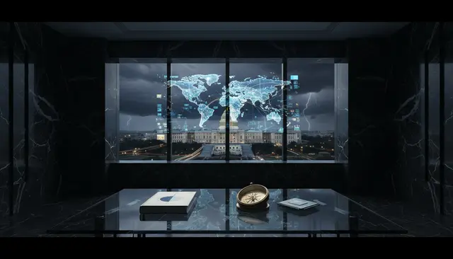 Sala oscura con un ventanal que muestra un mapa mundial holográfico sobre un edificio con cúpula, y sobre la mesa un libro y una brújula