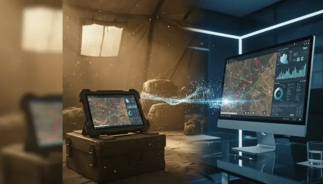Tableta militar sobre una caja de campaña en una tienda, unida por un haz de datos a un monitor de oficina que muestra el mismo mapa