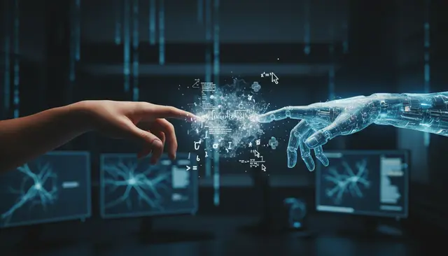 Una mano humana y una mano robótica translúcida a punto de tocarse, con símbolos y datos flotando entre ambas, frente a pantallas con redes neuronales