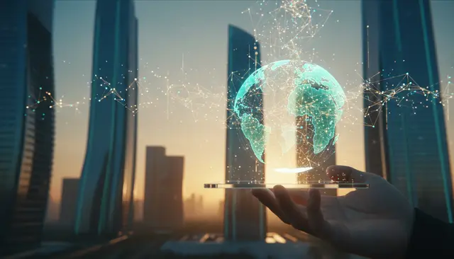 Mano abierta que sostiene un globo terráqueo holográfico entre rascacielos al atardecer