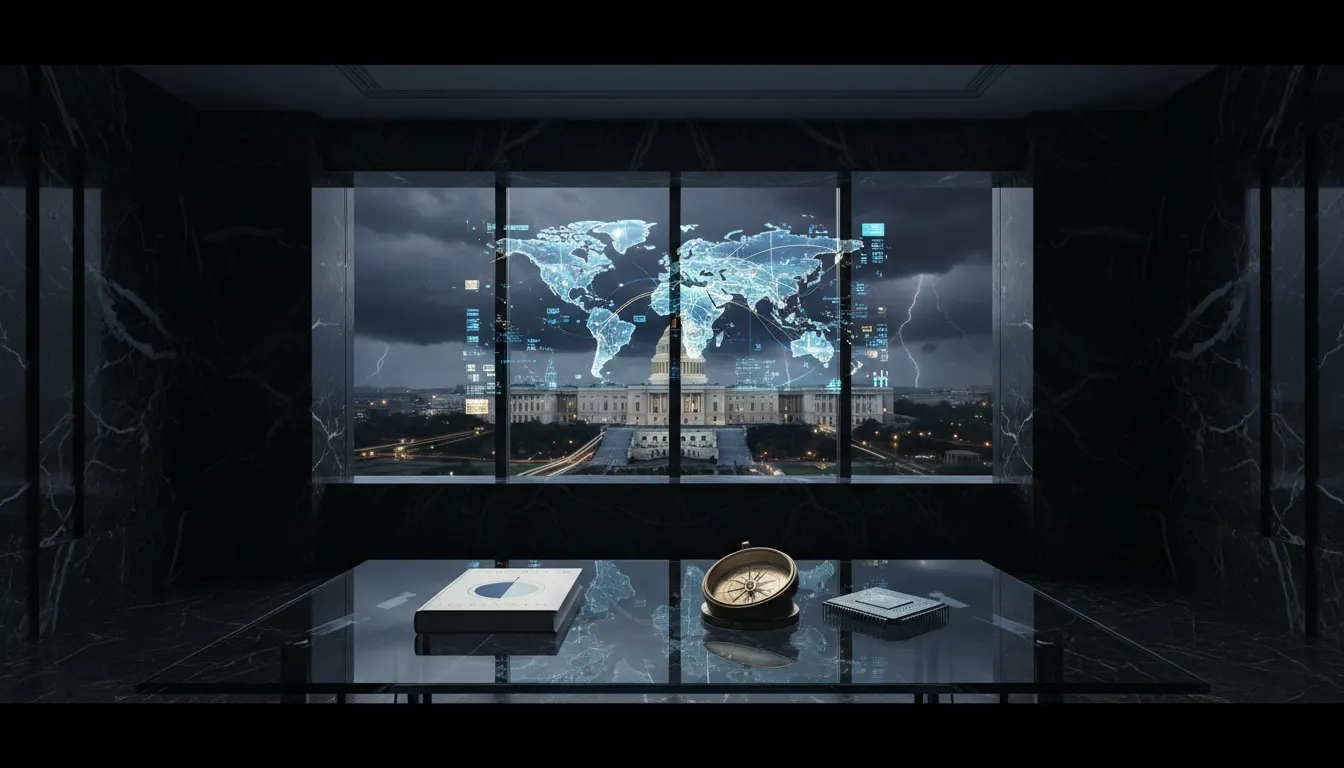 Sala oscura con un ventanal que muestra un mapa mundial holográfico sobre un edificio con cúpula, y sobre la mesa un libro y una brújula