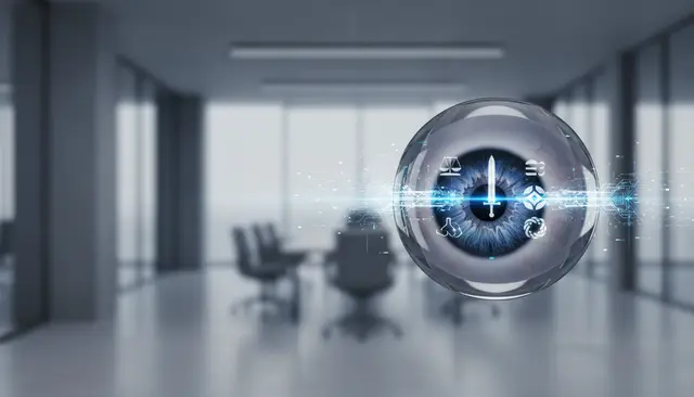 Esfera de cristal con un ojo azul y símbolos de datos, flotando en una sala de reuniones desenfocada