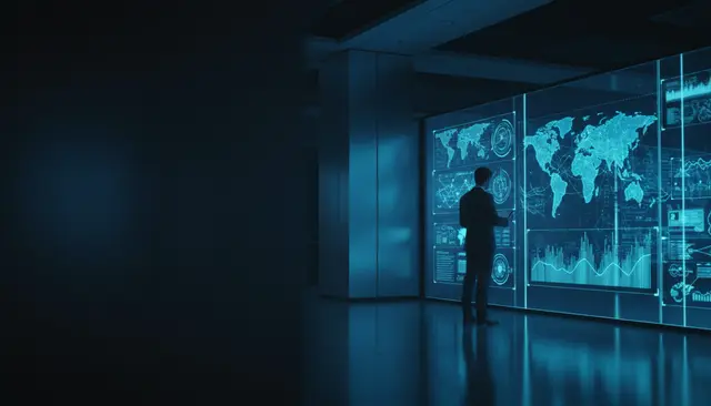Hombre de pie ante pantallas holográficas con mapas del mundo y gráficos en una sala azul oscura