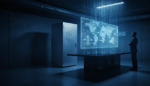 Hombre de pie ante un mapa mundial holográfico con una cascada de datos, en una sala oscura junto a un armario blindado con un emblema grabado
