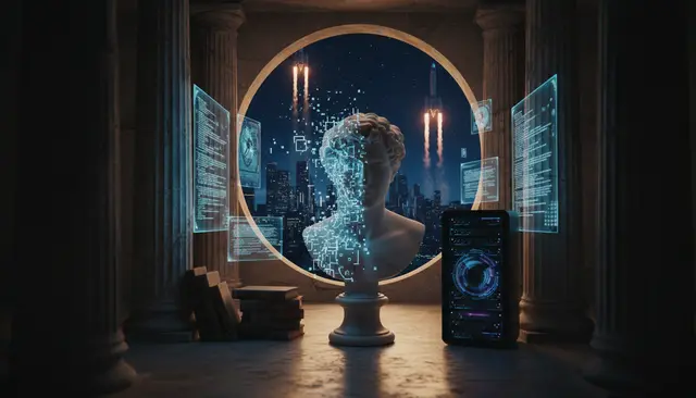 Busto clásico que se disgrega en partículas digitales, enmarcado por un arco con cohetes y una ciudad nocturna, junto a paneles holográficos y un teléfono