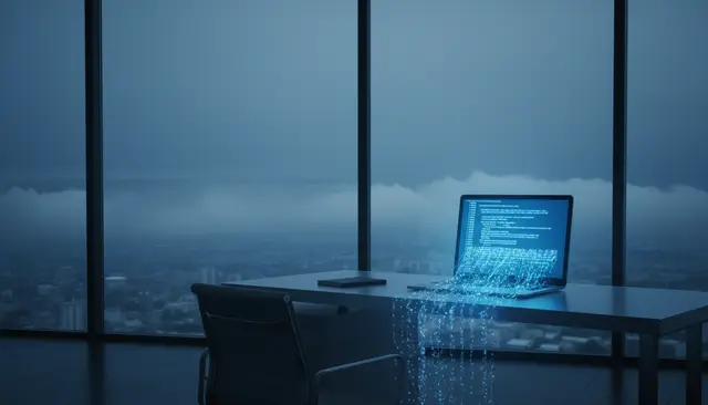 Una laptop con código que gotea como agua sobre un escritorio, en una oficina oscura de un rascacielos entre nubes