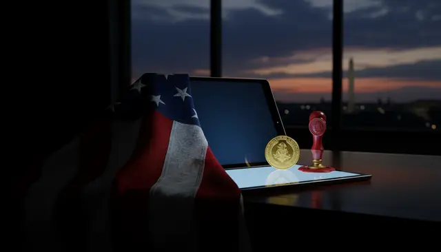 Bandera de Estados Unidos, tableta, moneda dorada y sello de lacre rojo sobre un escritorio, con un obelisco al fondo al atardecer