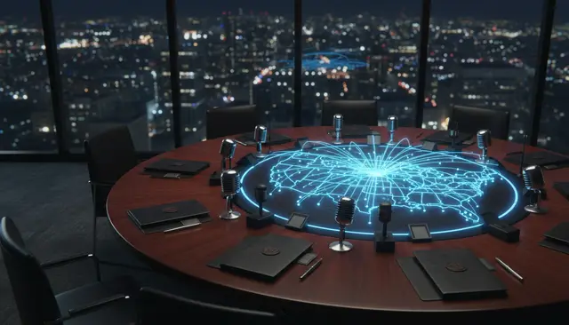 Mesa redonda con micrófonos y un mapa holográfico luminoso de Estados Unidos en una sala con vista nocturna a una ciudad