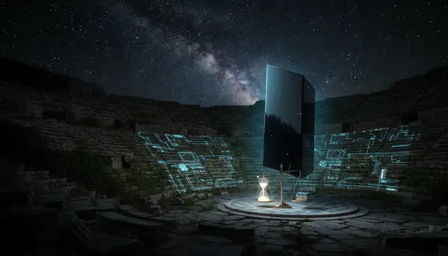 Monolito oscuro y reloj de arena en un anfiteatro antiguo, bajo un cielo estrellado, con interfaces digitales luminosas en las gradas