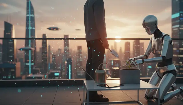 Un robot humanoide arrodillado cuida una planta en una maceta junto a una persona con una pala, ante un horizonte urbano futurista al atardecer