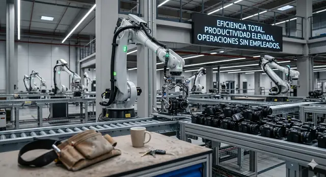Brazos robóticos en una fábrica sin personas, bajo un cartel que dice «Eficiencia total. Productividad elevada. Operaciones sin empleados»