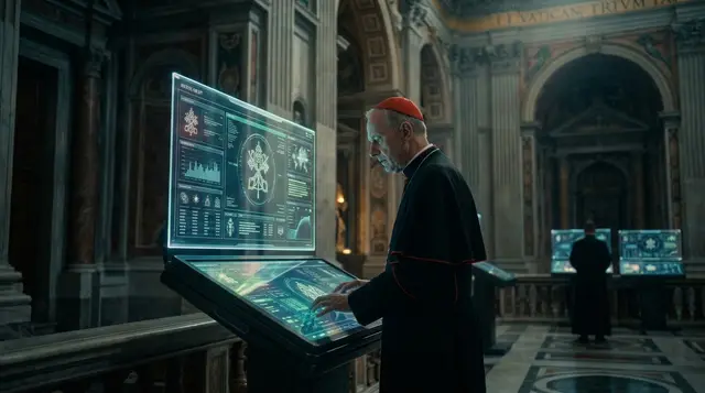 Cardenal de sotana negra y birrete rojo junto a una pantalla holográfica con gráficos y un escudo, en una basílica con otras pantallas al fondo