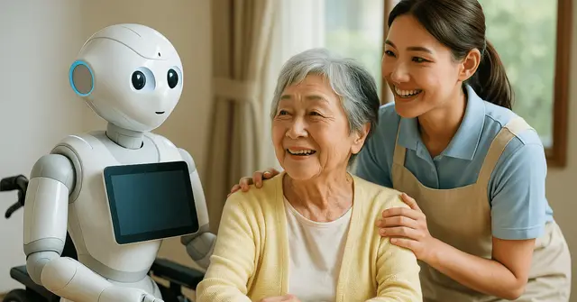 Cuidador humano y robot asistente acompañando a una persona mayor, símbolo de las reservas humanas ante la automatización