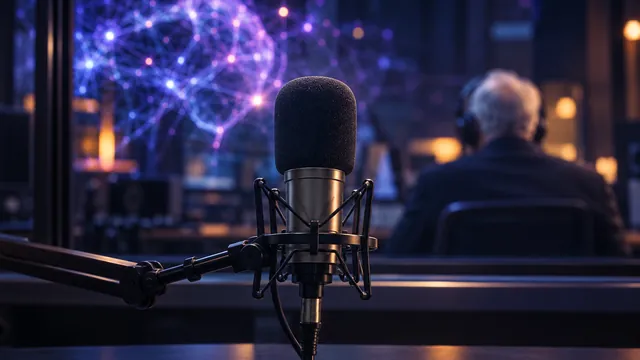 Micrófono de radio en un estudio oscuro con una red neuronal reflejada en el vidrio