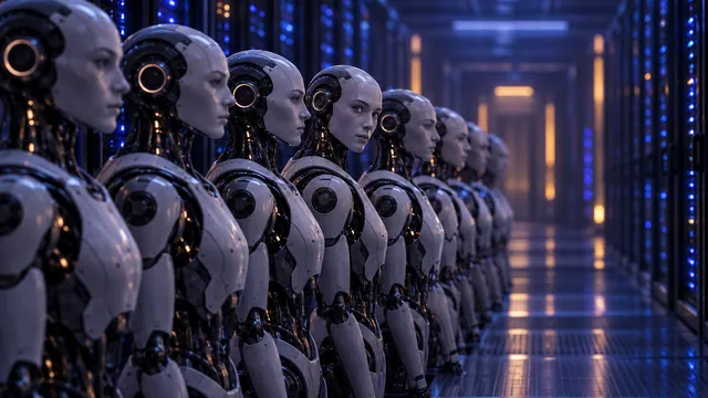 Fila de robots idénticos en un centro de datos, uno gira la cabeza y rompe la formación