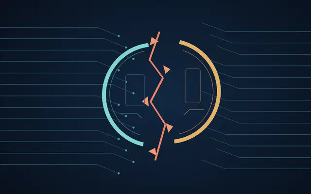 Ilustración abstracta de un sello partido por una fractura luminosa entre circuitos, símbolo de un compromiso roto con la seguridad de la inteligencia artificial.