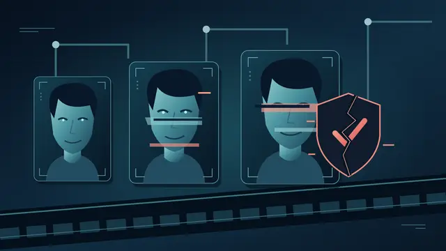 Ilustración de rostros digitales replicados en una línea de producción y una señal de verificación fracturada: deepfakes y pérdida de confianza.